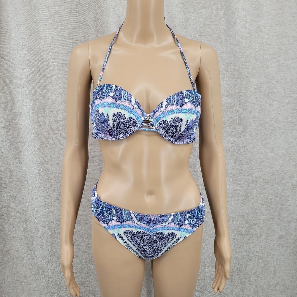 Victoria's Secret The Bandeau Beach Top Knockout Bikini Bottoms Set Blue Paisley
